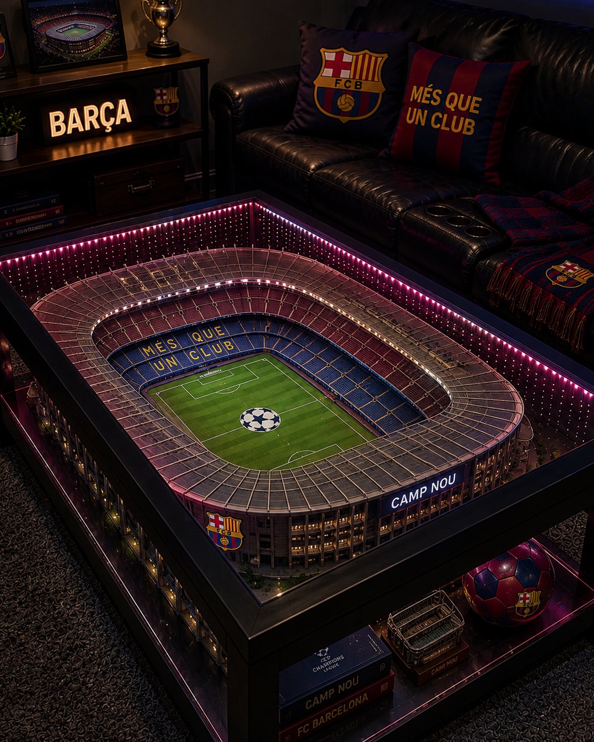 Camp Nou stadium table lit in a living room