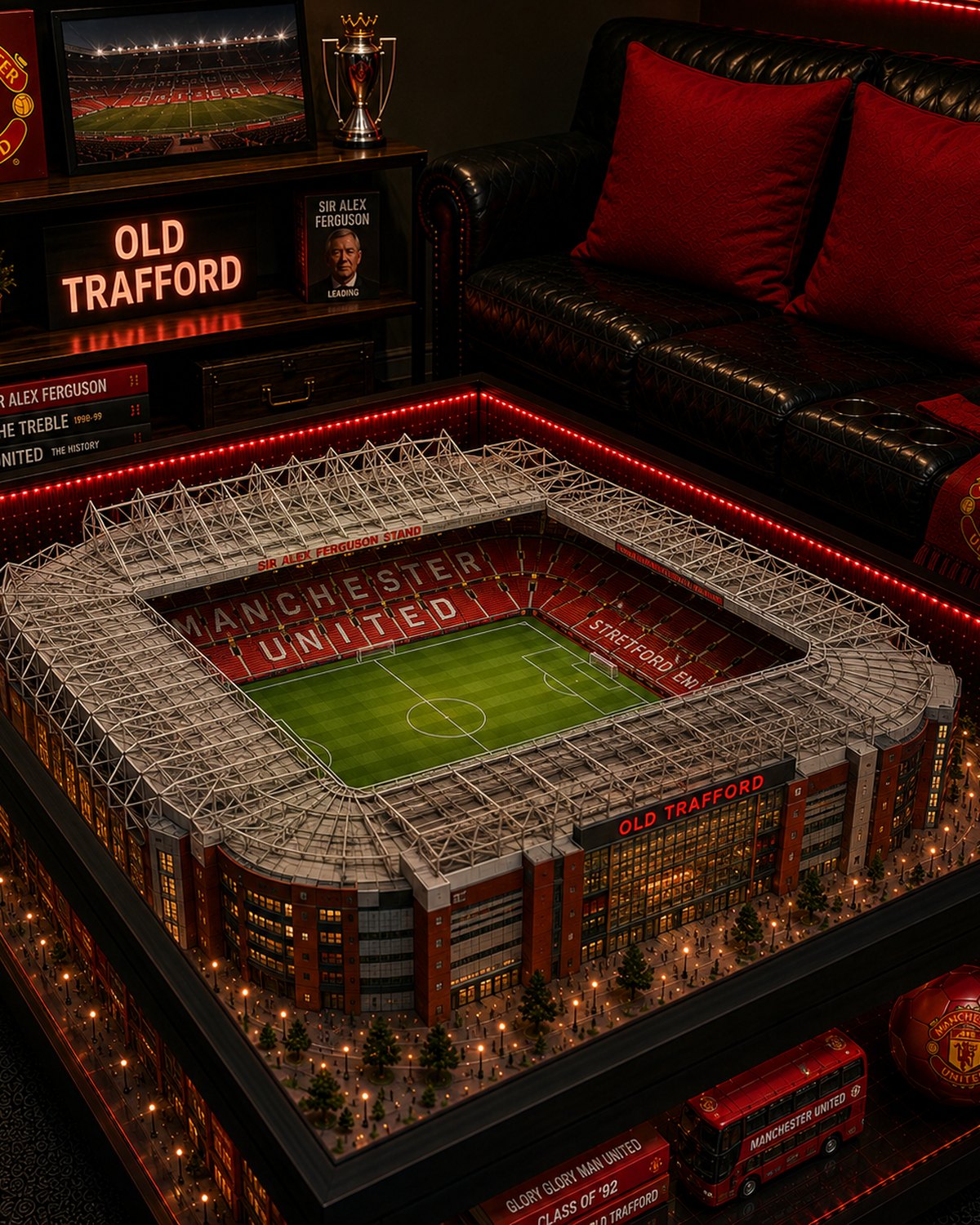 Old Trafford stadium table lit in a living room