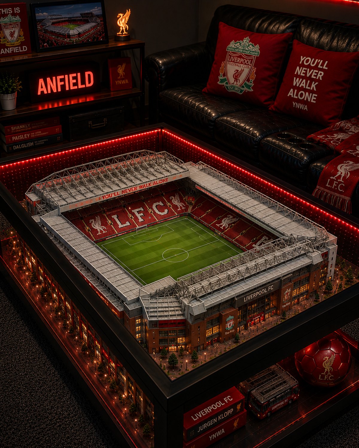 Anfield stadium table lit in a living room
